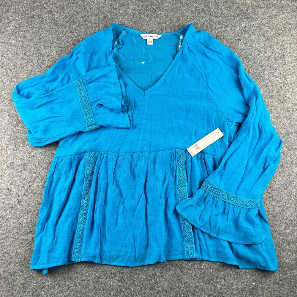 Counterparts woman Large top Teal Long‎ Sleeve Semi Sheer Peasent V Neck Boho